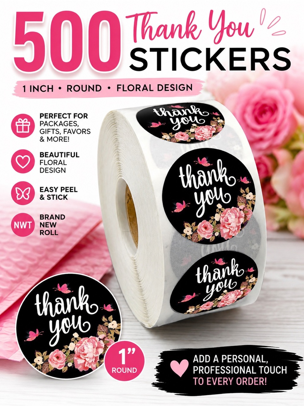 Thank You Stickers 1 Inch Floral Round Labels Small Business Packaging